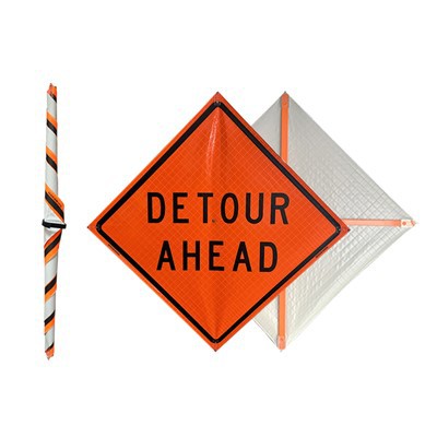 Contrôleur de la circulation, détour devant, panneau de signalisation enroulable